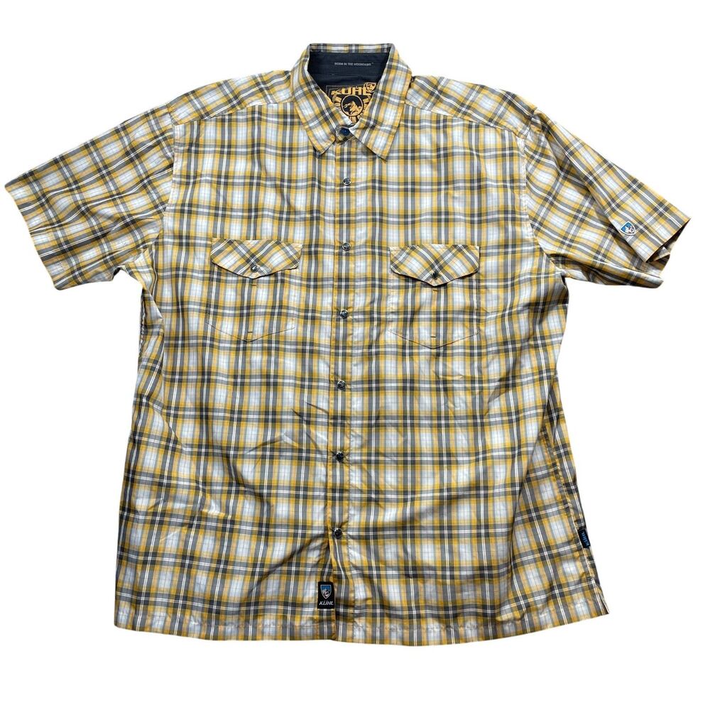 Kuhl XXL Short Sleeve Yellow Grey White Plaid Button Up Pearl Snaps